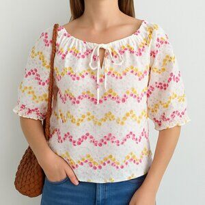 Tommy Hilfiger Womens L White Eyelet Cotton Blouse Embroidered Boho Cottagecore
